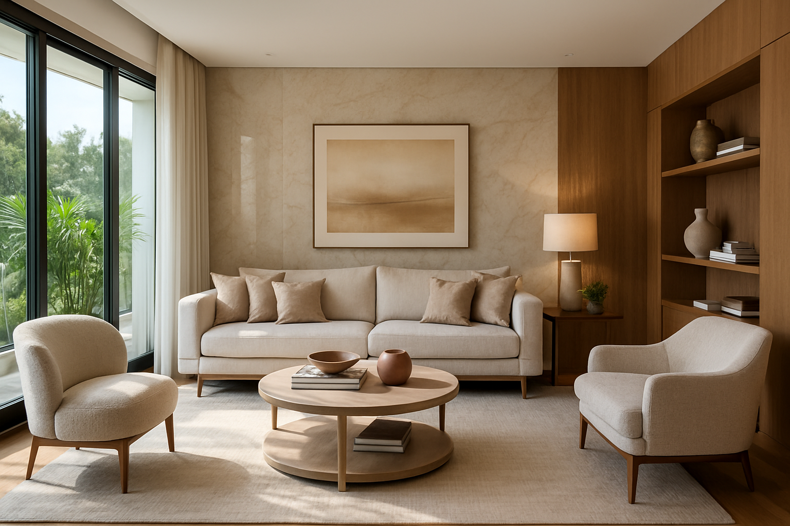 Sala de estar de apartamento de alto padrão com decoração neutra e iluminação agradável