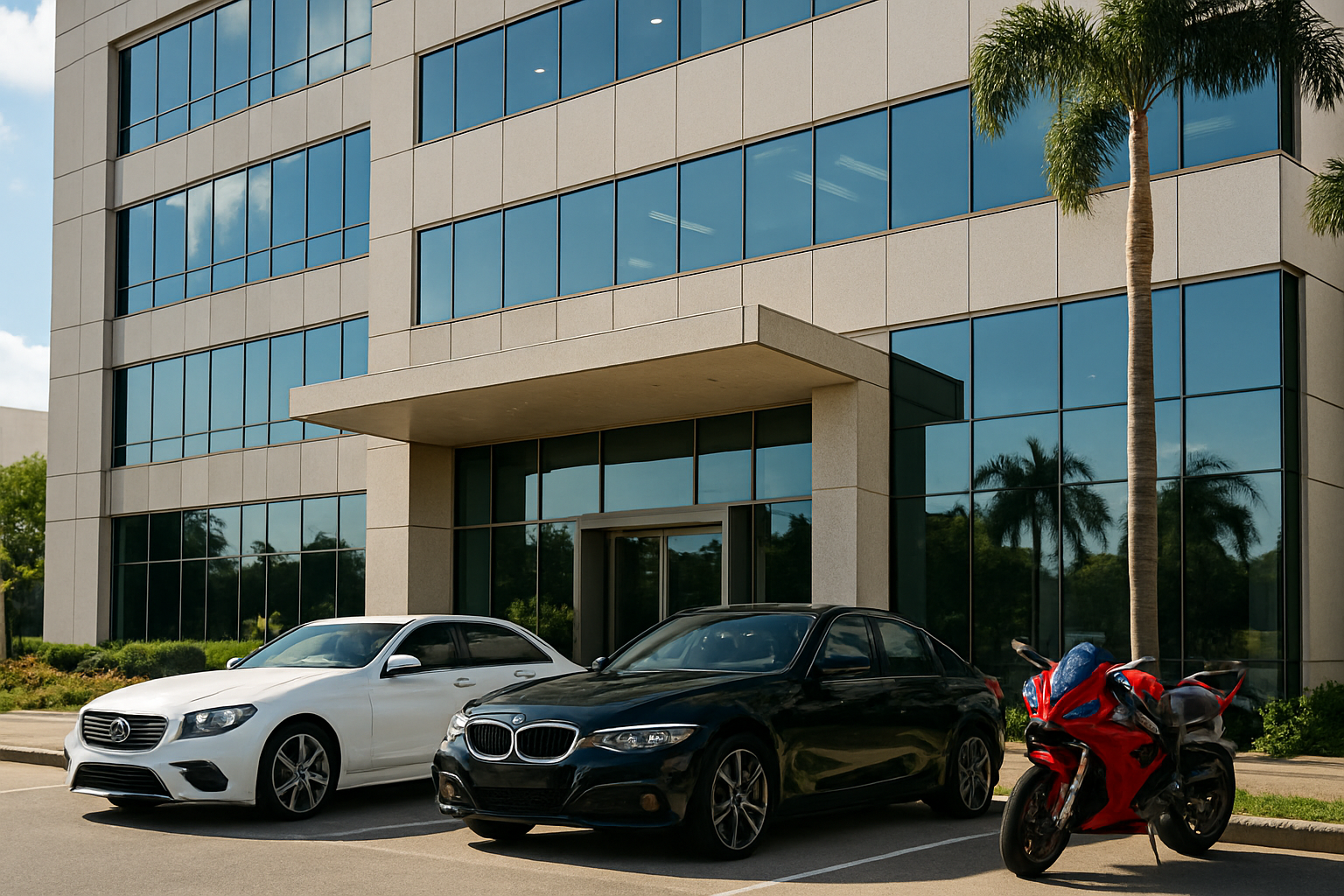 Fachada de um prédio empresarial, com carros de semi luxo na frente (mercedes, bmw, motos esportivas, etc)